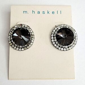 Round Charcoal Gray Silver Rhinestone Earrings Sparkly Vintage Inspired